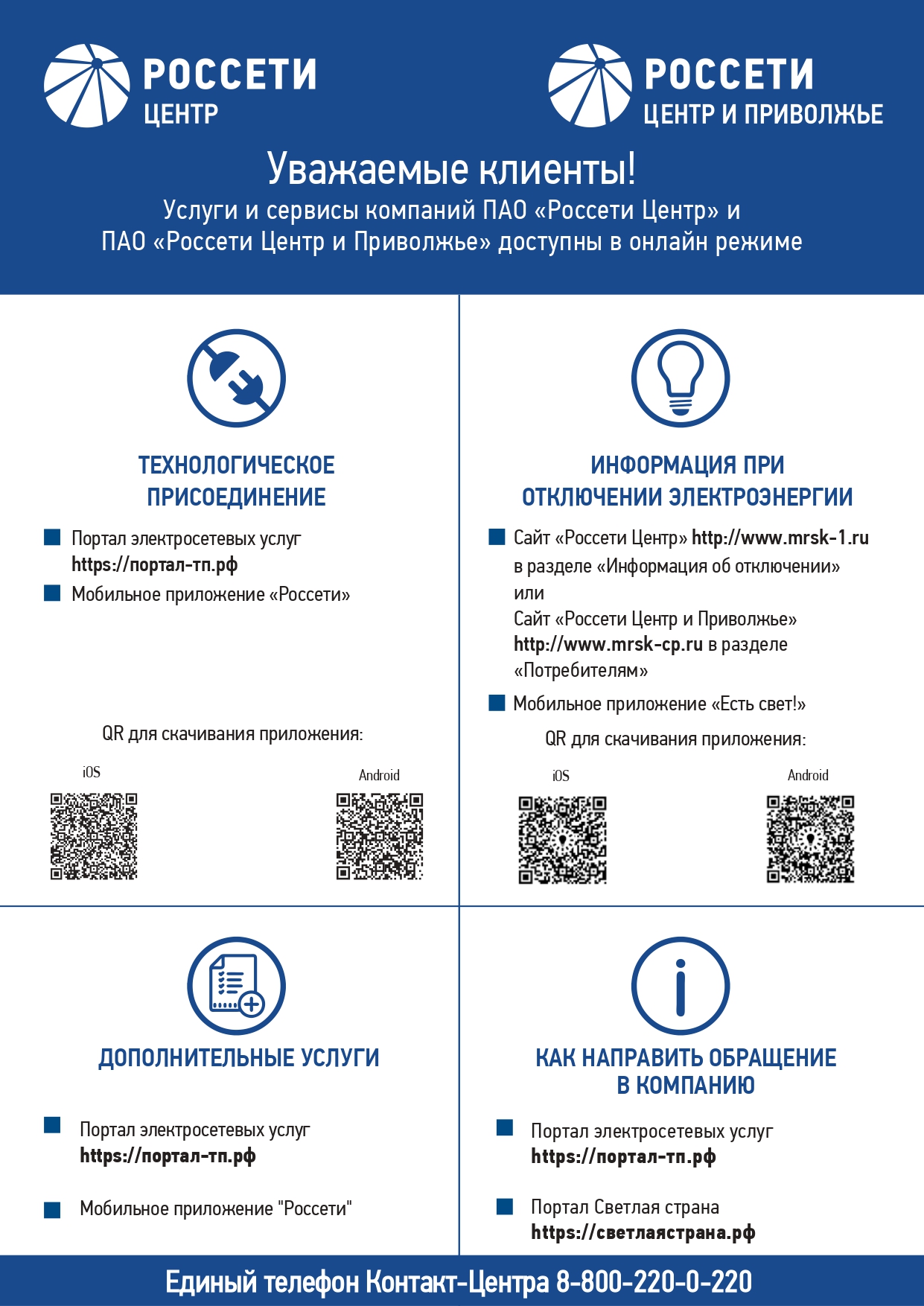 Уважаемые клиенты! Услуги и сервисы компаний ПАО «Россети Центр» и ПАО «Россети Центр и Приволжье» доступны в онлайн режиме.